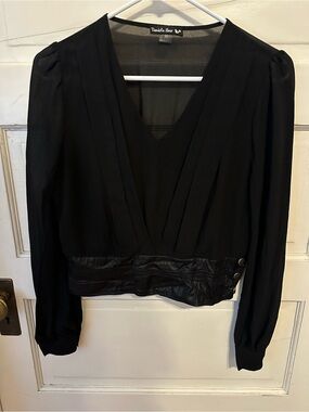 Double Zero Black V-Neck Long Sleeve Sheer Blouse Faux Leather Waistband Button